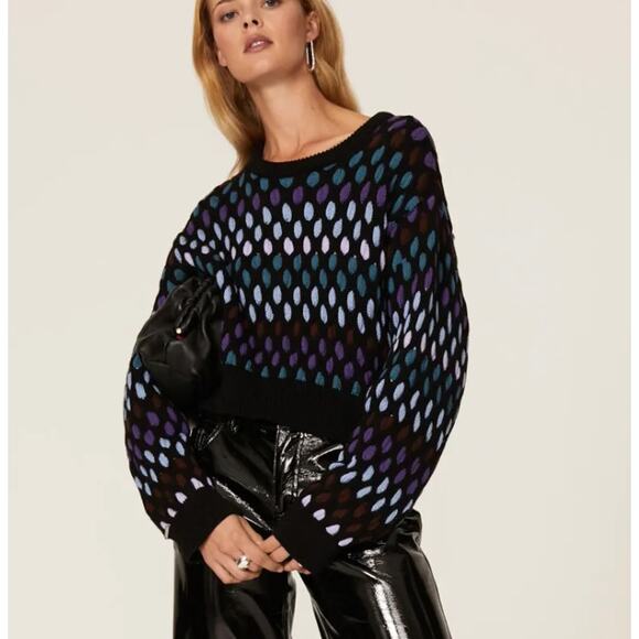 Koche Sweater Womens Small Black Blue Purple Cropped Polka Dot Knit Wool Blend - Picture 1 of 13